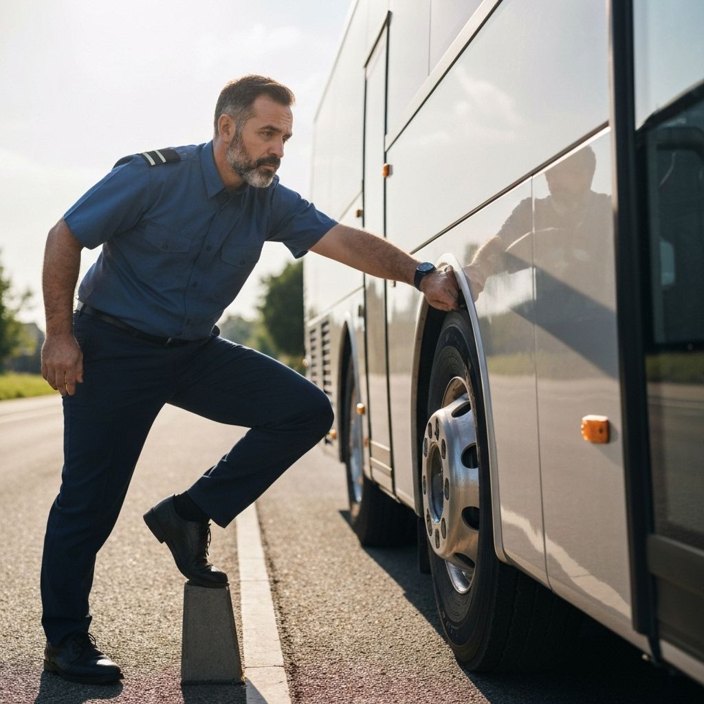 Motorista inspecionando autocarro